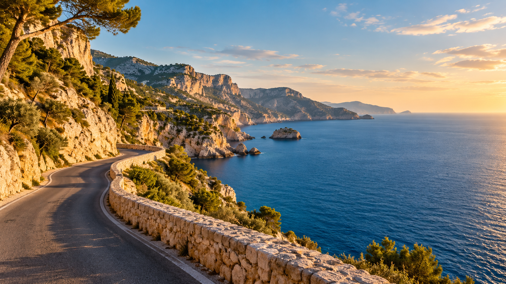 An imagined coastal road beside the sea at golden hour